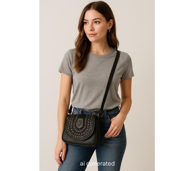 Shyanne Embossed Black Leather Textured With Studs Flap Crossbody Handbag - Picture 1 of 10
